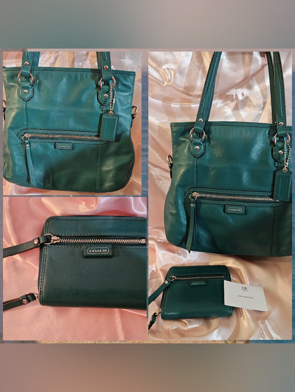 Coach Daisy Teal Leather Shoulder Bag & Matching Wallet Set Mint